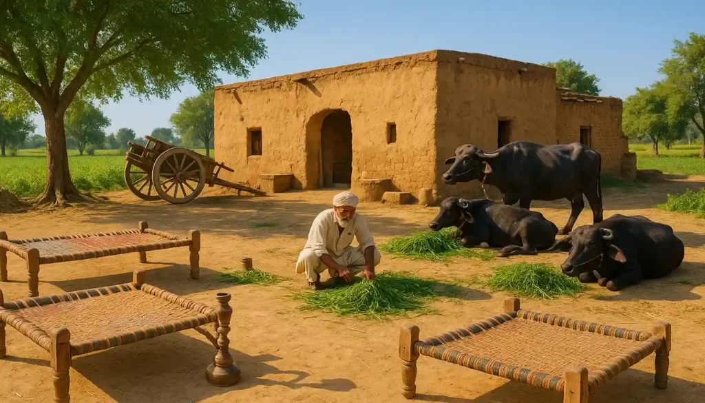 Amritsar district villages. A villager feeding buffalos.